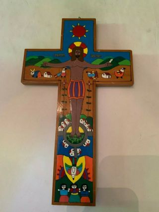 Vintage Hand Painted Wooden Wall Hanging Cross Made In El Salvador