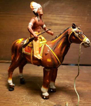Mikuni Wind Up Toy - Indian Chief On Horse - Vintage Good
