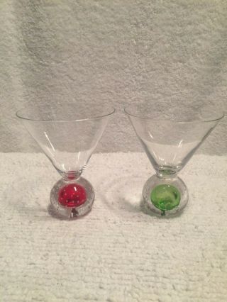 2 Vintage Circleware Martini Cocktail Glasses,  Red,  Green Color Ball Base
