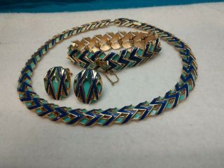 Vintage Crown Trifari Gold Tone Blue & Green Enamel Necklace Bracelet & Earrings