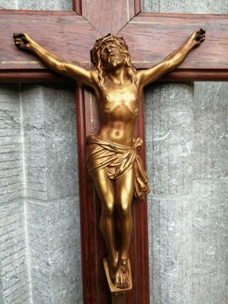 Huge Antique Church Inlay Wood Cross Crucifix Metal Inri Jesus Corpus Wall