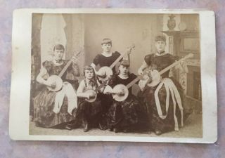 Antique Photo Cabinet Card 5 Female Banjo Player Musicians