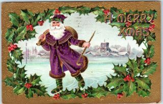 Vintage Santa Claus Christmas Postcard In Purple Suit,  Ice Skating 1909 Cancel