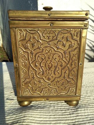 Antique Vintage Ornate Beaten Brass On Wood Tea Caddy