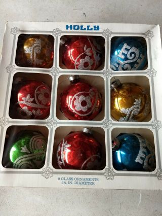 Vintage Box Of 9 Holly Brand Ball Glass Christmas Ornaments Glitter 2 5/8 "