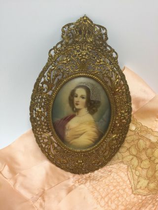 Fine Antique Signed Painted Portrait Miniature Ornate Brass Filigree Frame