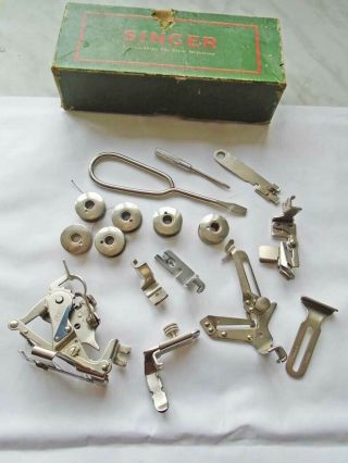 Vintage Box Of Singer Sewing Machine Parts,  Tools Etc Sewing