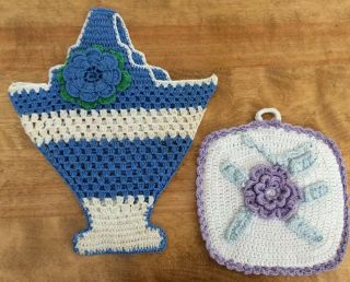 Two Vtg Handmade Crocheted Potholders/trivets,  Floral Basket And Floral Square