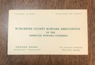 Vtg Business Card Worcester County Bowling Assc.  American Congress Massachusetts
