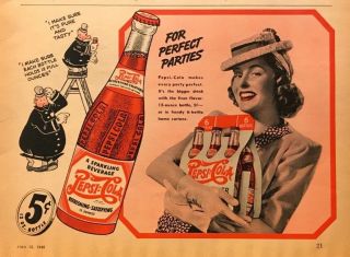 1940 Pepsi - Cola 5¢ 12 Oz.  Bottle Vintage Ad - Sparkling Beverage