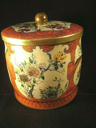 Vintage Daher Tea Tin Canister Gold Metal Orange Flowers Floral Made In England