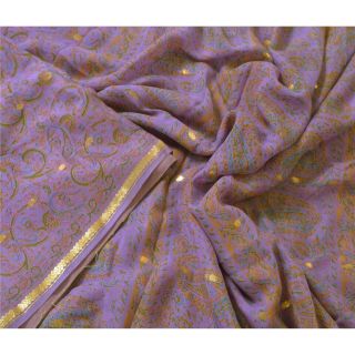 Sanskriti Vintage Purple Saree Pure Silk Printed Sari Craft Decor Soft Fabric