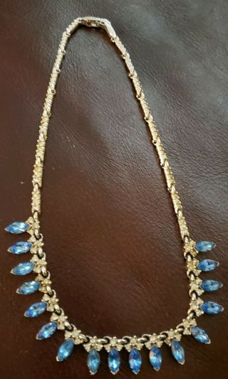 Vintage Bogoff Signed Art Deco Rhinestone Blue Necklace 15.  5 "