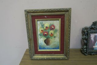 Vintage Abstract Enamel On Copper Painting Signed Fleming Floral Vase - Framed