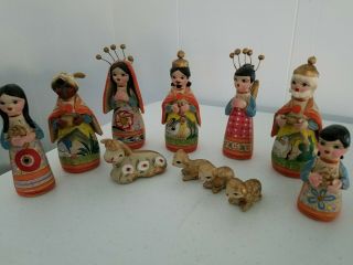 Vintage Mexican Hand Painted Clay 11 Piece Nativity Set 5 " Manger Missing