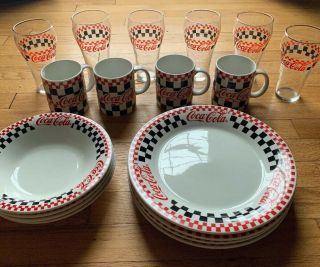 Vintage Coca Cola Checker Dinnerware Set Plates Bowls Cups 18 Pc 4 Place