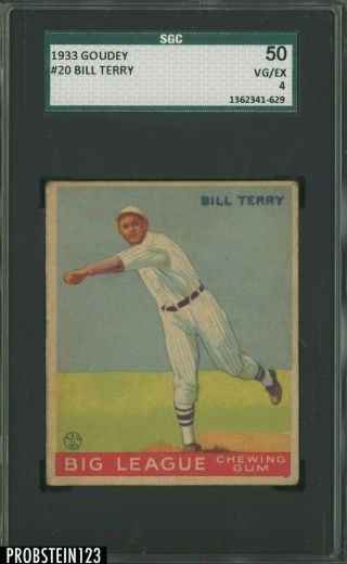 1933 Goudey 20 Bill Terry York Giants Sgc 50 Vg - Ex 4
