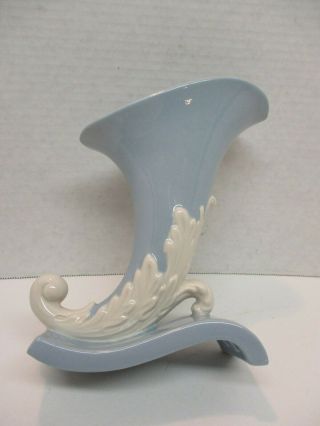 Vintage Blue Porcelain China Cornucopia Vase With White Acanthus Leaves 7 - 3/16 "