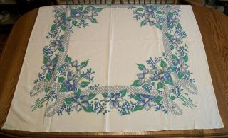 Vintage 48 X 50 Printed Cotton Tablecloth - Blue,  Green & Gray Floral Design