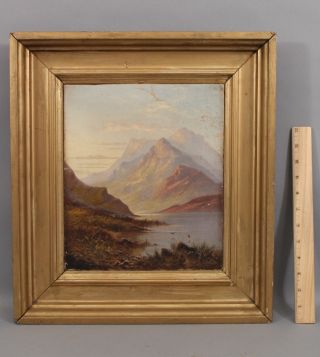 19thc Antique Signed English Mountain & Lake Landscape Oil Painting,