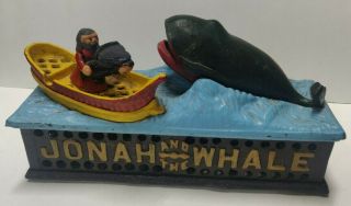 Vintage Cast Iron Jonah And The Whale Bank With Spring Action Mechanism 10 " Long