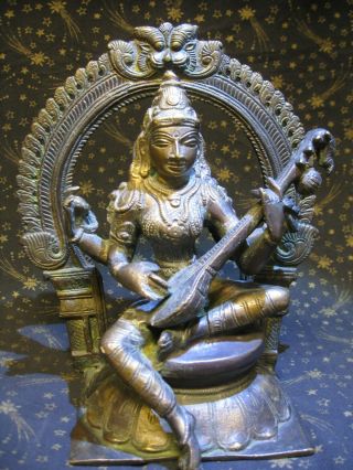Vintage Antique Bronze Saraswati Statue Hindu Goddess Of Music Knowledge,  Art,