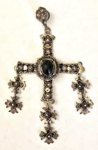 Vintage 925 Taxco Silver Yalalag Cross Pendant With Onyx Mexico