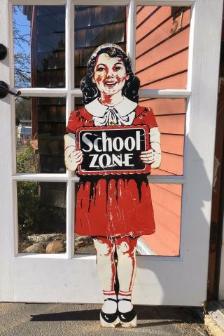 Cool Vintage Die Cut ‘school Zone’ Girl Metal Traffic Stand Up Sign