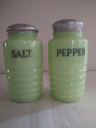 Set Of Art Deco Vintage Green Glass Printed Salt & Pepper Shakers