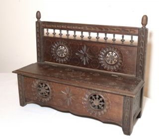 Antique French Hand Made Carved Wood Folk Art Box Blanket Seat Ornate Storage