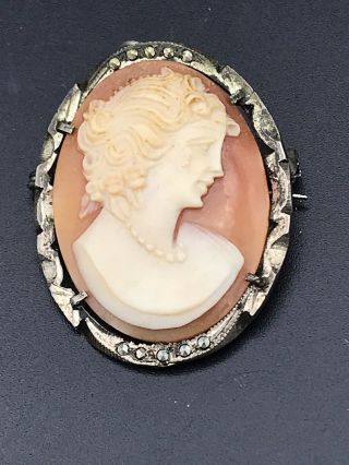 Vintage Hand Carved Shell Cameo Pin Brooch L 36