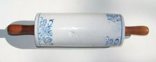 Antique Stoneware Rolling Pin Blue And White 8 " W/ 3 " Wood Handles Floral Motif