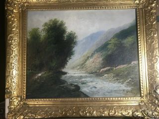 Antique A Wilkins " River And Landscape Scene " Oil Painting - Signed And Framed