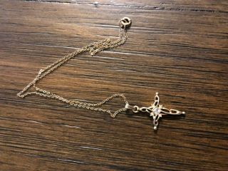 Vintage Gold - Tone Unsigned Necklace And Cross Pendant W/rhinestones