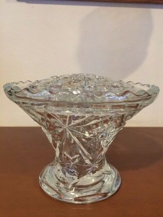 Estate Vtg Clear Depression Glass 16 Hole Flower Frog W/cut Glass Pedestal Vase