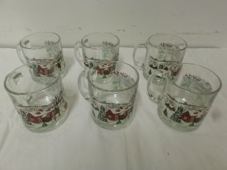 Vintage Set Of 6 Clear Glass Christmas Sleigh Ride Holiday Mugs Cups Ll 691
