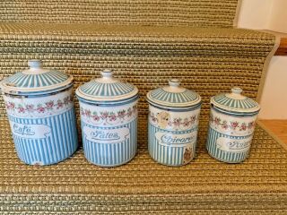 Antique French Enamel Canister Set 4 Rose Garland Blue And White Striped Vintage