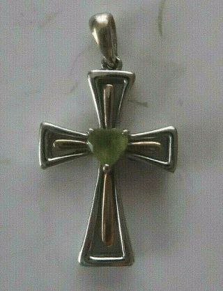 Vintage 10k Gold And 925 Sterling Silver & Emerald Heart Cross Crucifix Pendant