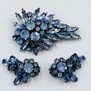 Vtg Weiss Signed Blue Rhinestones Clip Earrings & Brooch