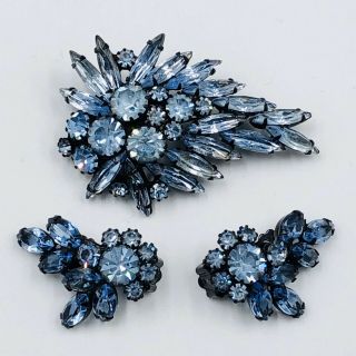 Vtg Weiss Signed Blue Rhinestones Clip Earrings & Brooch 2