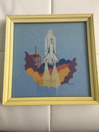 Vintage Needlepoint Needle Point Finished Framed Space Shuttle