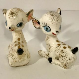 2 Vintage Ceramic White Deer Fawn Blue Big Eyed Gold Gilded Spots Marked Japan