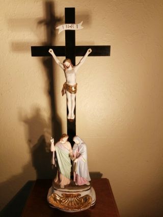 Antique Porcelain Wood Bisque Calvary Crucifix Holy Water Font Jesus Mary Joseph