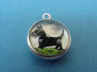 Vintage Silver Scottie Scottish Terrier Dog Intaglio Glass Charm Reverse Crystal
