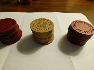 30 Antique Vintage Clay Poker Chips Tan & Red Gambling Marked Ejs On Both Sides