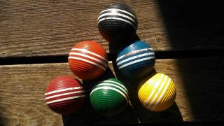 Set Of 6 Vintage Wood 3 " Ribbed Croquet Balls 3 Stripes
