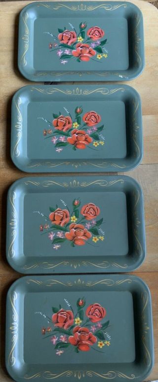 4 Vintage Small Tin Trays Green With Rosestoleware Style 4.  5 " X 6.  5 "