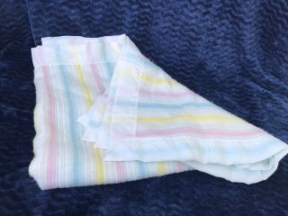 Vtg Baby Blanket Woven Acrylic Satin Edge Binding Pastel Stripes Thermal Weave