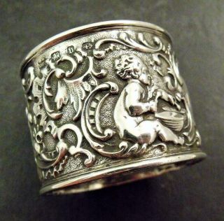 Antique Victorian Solid Sterling Silver Rococo Embossed Puti Cherub Napkin Ring
