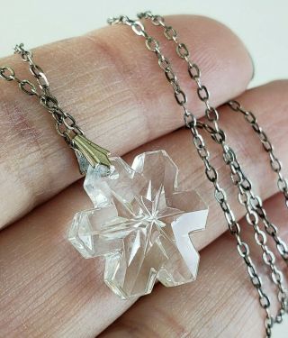 Vtg Snowflake Crystal Pendant Sterling Chain Necklace